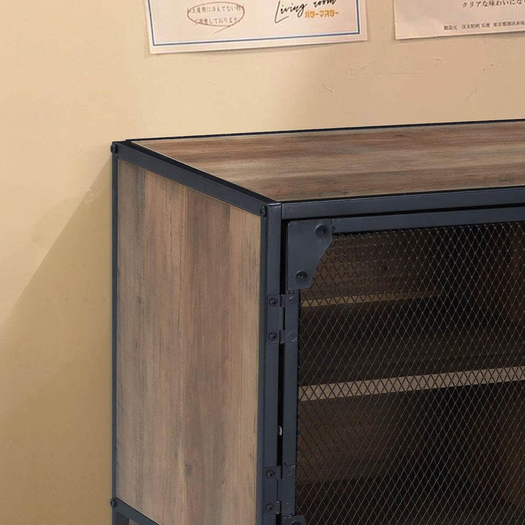 Rustic Brown Kitchen Storage Cabinet with Metal Mesh Doors and Adjustable Shelves S769