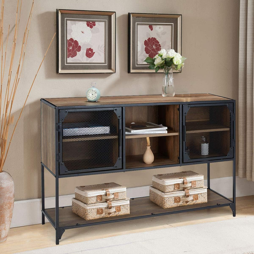 Rustic Brown Kitchen Storage Cabinet with Metal Mesh Doors and Adjustable Shelves S769