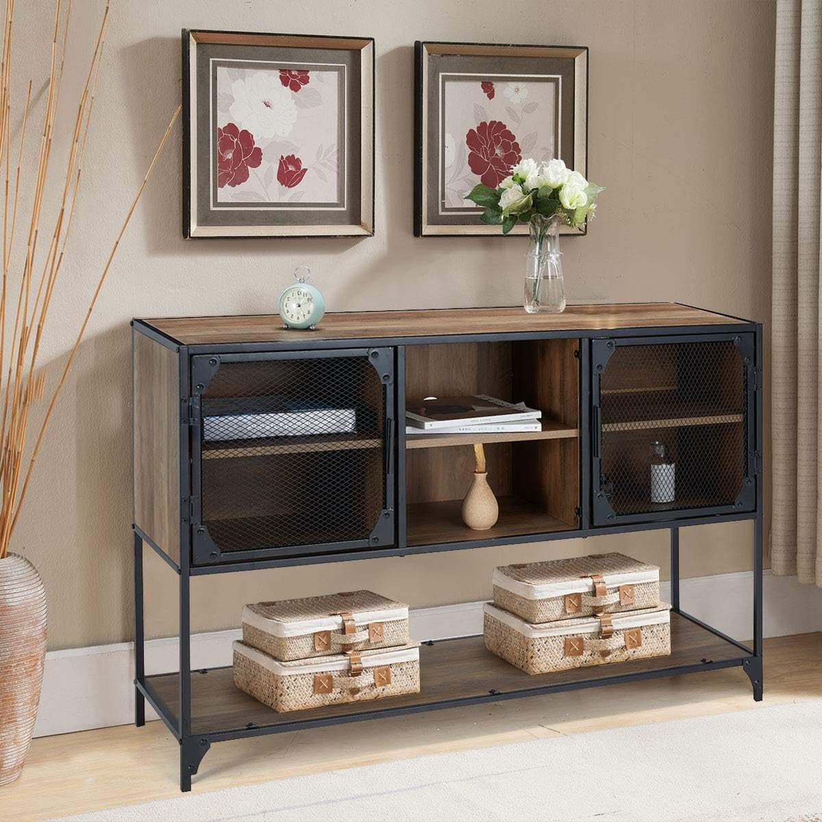 Rustic Brown Kitchen Storage Cabinet with Metal Mesh Doors and Adjustable Shelves S769