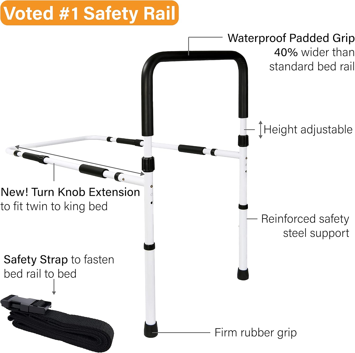 White/Black Adjustable Bed Assist Rail Handle Grab Bar, Pack of 2 L458