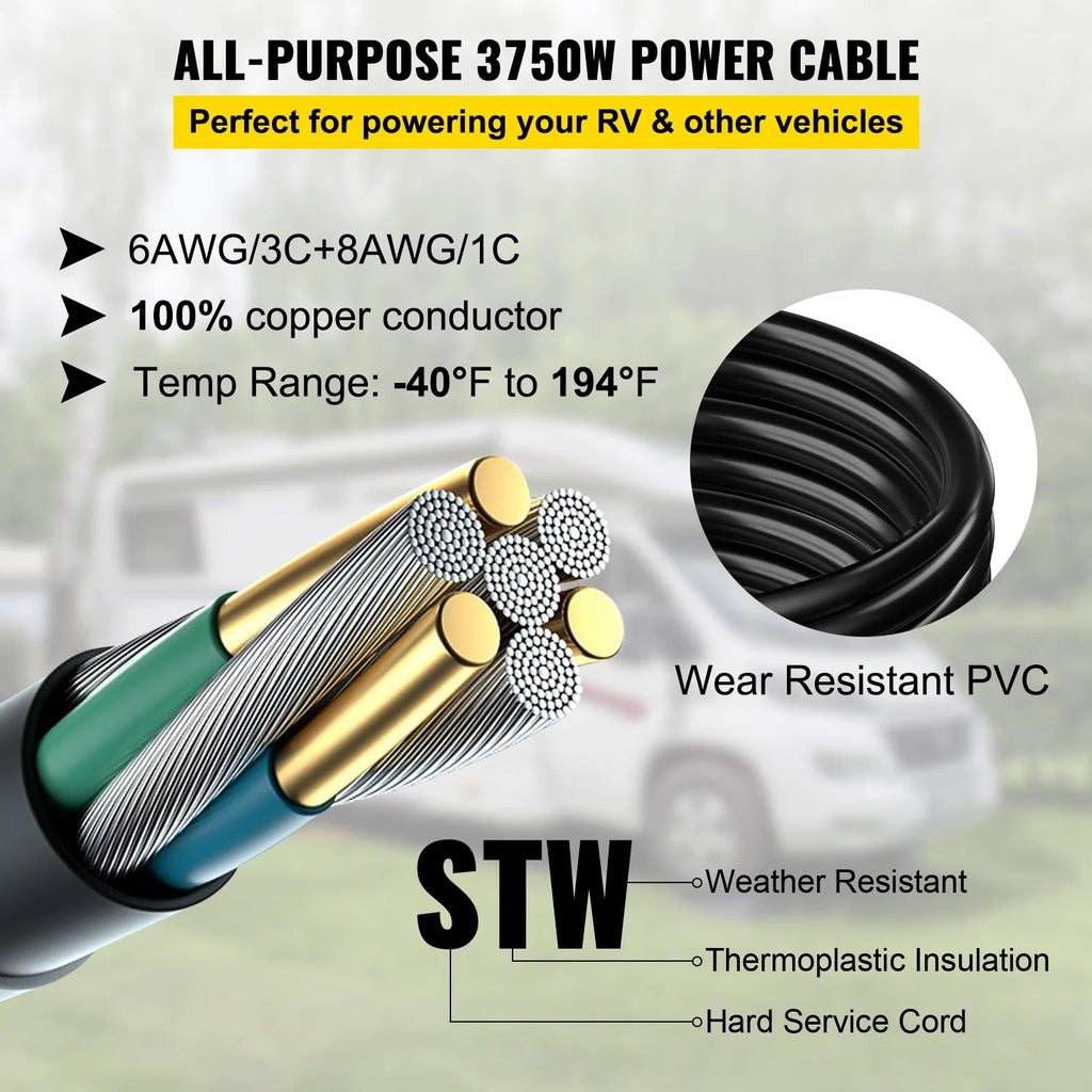 RV Shore Power Extension Cord 50A 36ft 125/250V STW 6AWG/3C+8AWG/1C NEMA SS2-50R Twist Lock Plug NEMA 14-50P J971