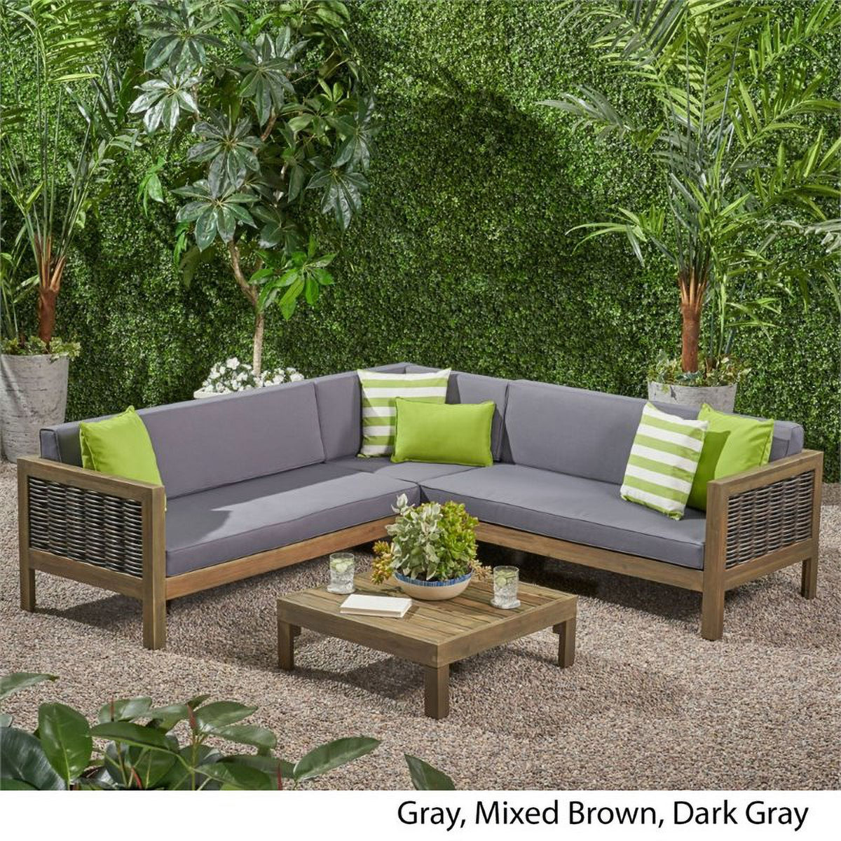 Gray 4 Piece Outdoor Wood and Wicker Sectional Sofa Set S263474