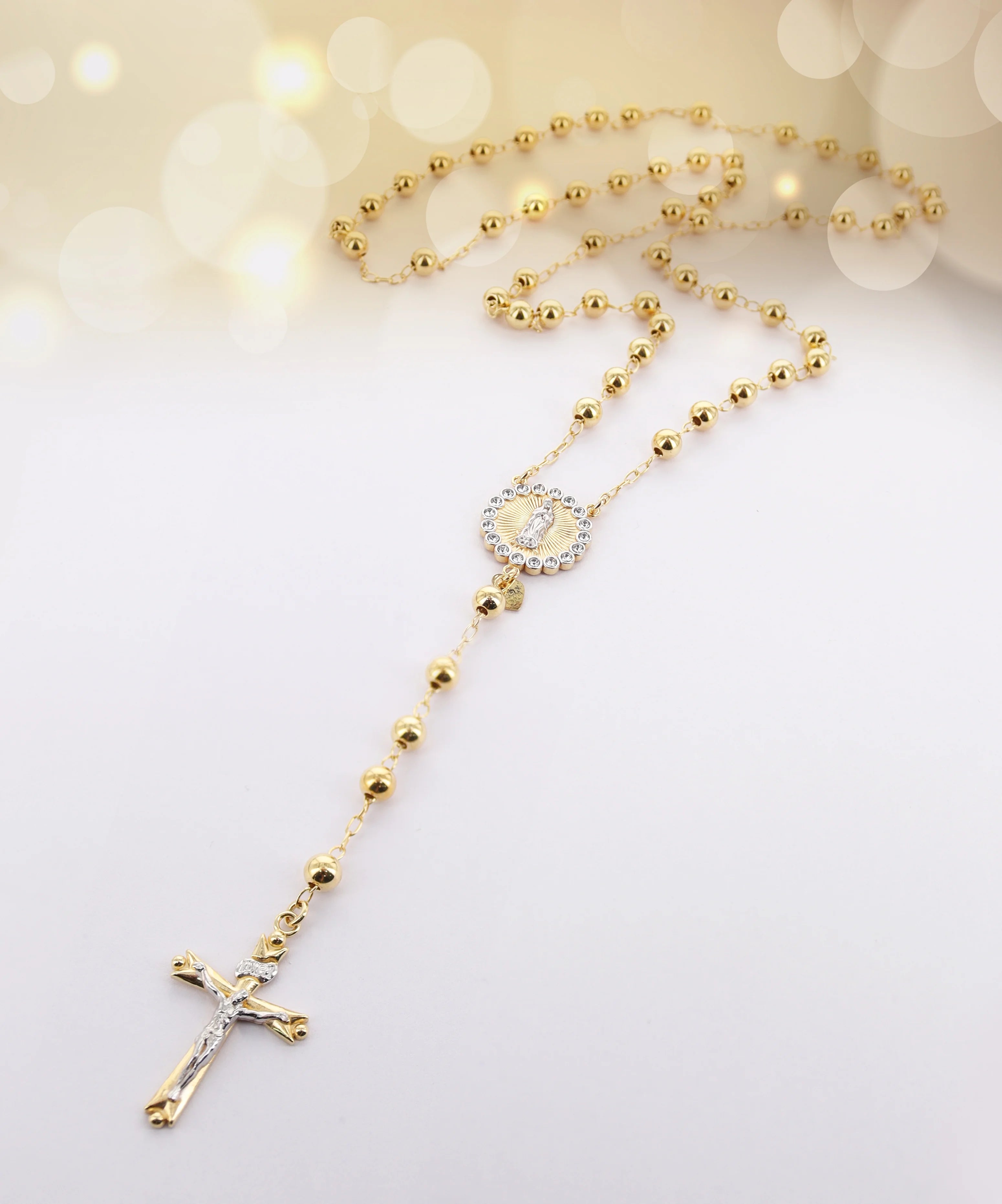 14K Gold Plated Sterling Silver Crystal Rosary Necklace 26" J62766