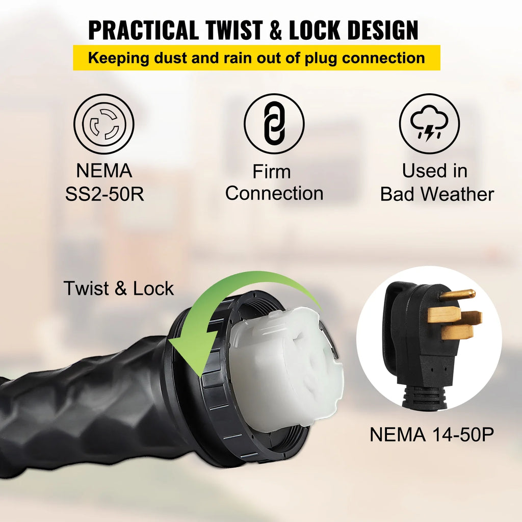 RV Shore Power Extension Cord 50A 36ft 125/250V STW 6AWG/3C+8AWG/1C NEMA SS2-50R Twist Lock Plug NEMA 14-50P J971