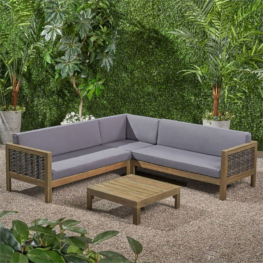 Gray 4 Piece Outdoor Wood and Wicker Sectional Sofa Set S263474