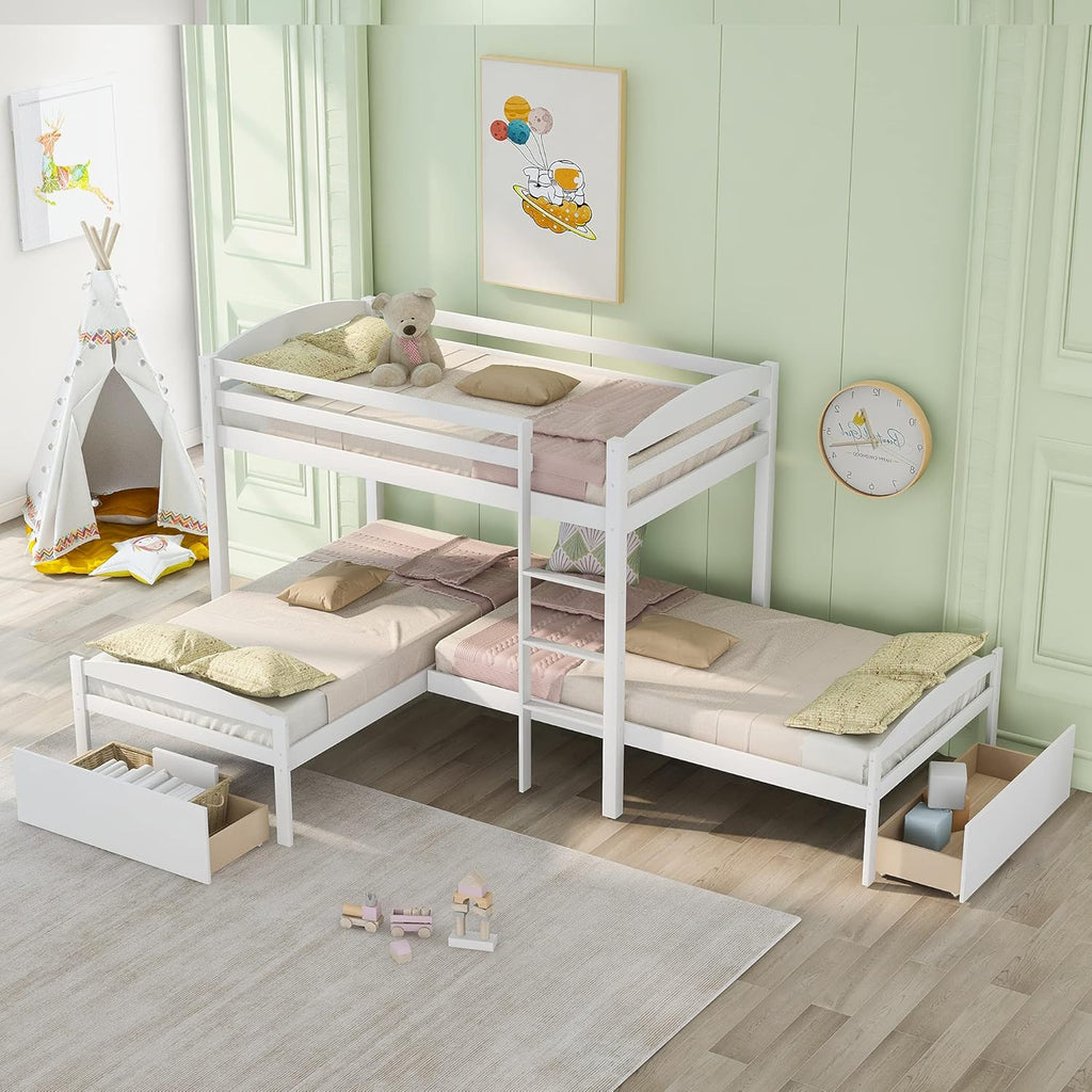 Grey Wood Twin Over Twin Bunk Beds with Storage Staircase and Guardrails C130