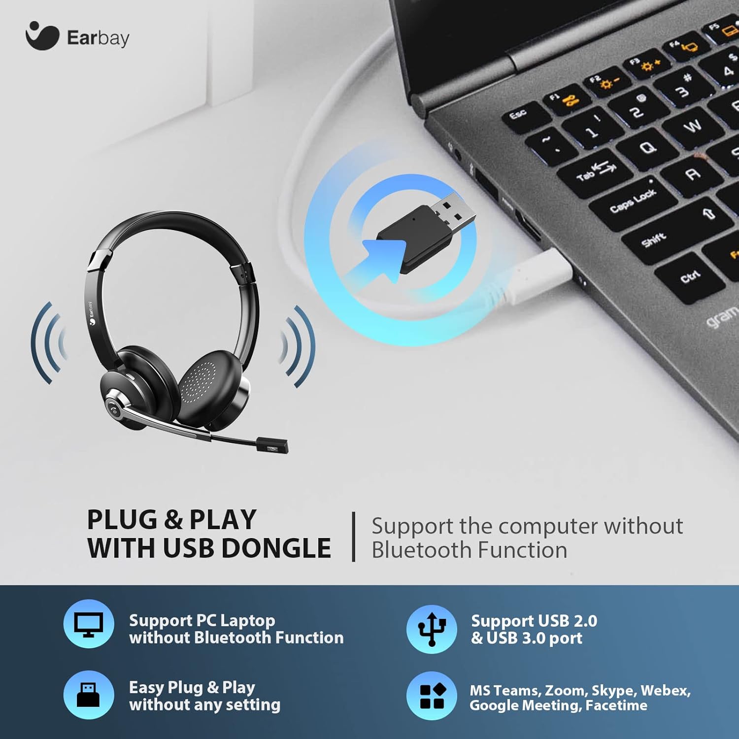 Wireless Bluetooth Headset with Microphone and USB Dongle K573