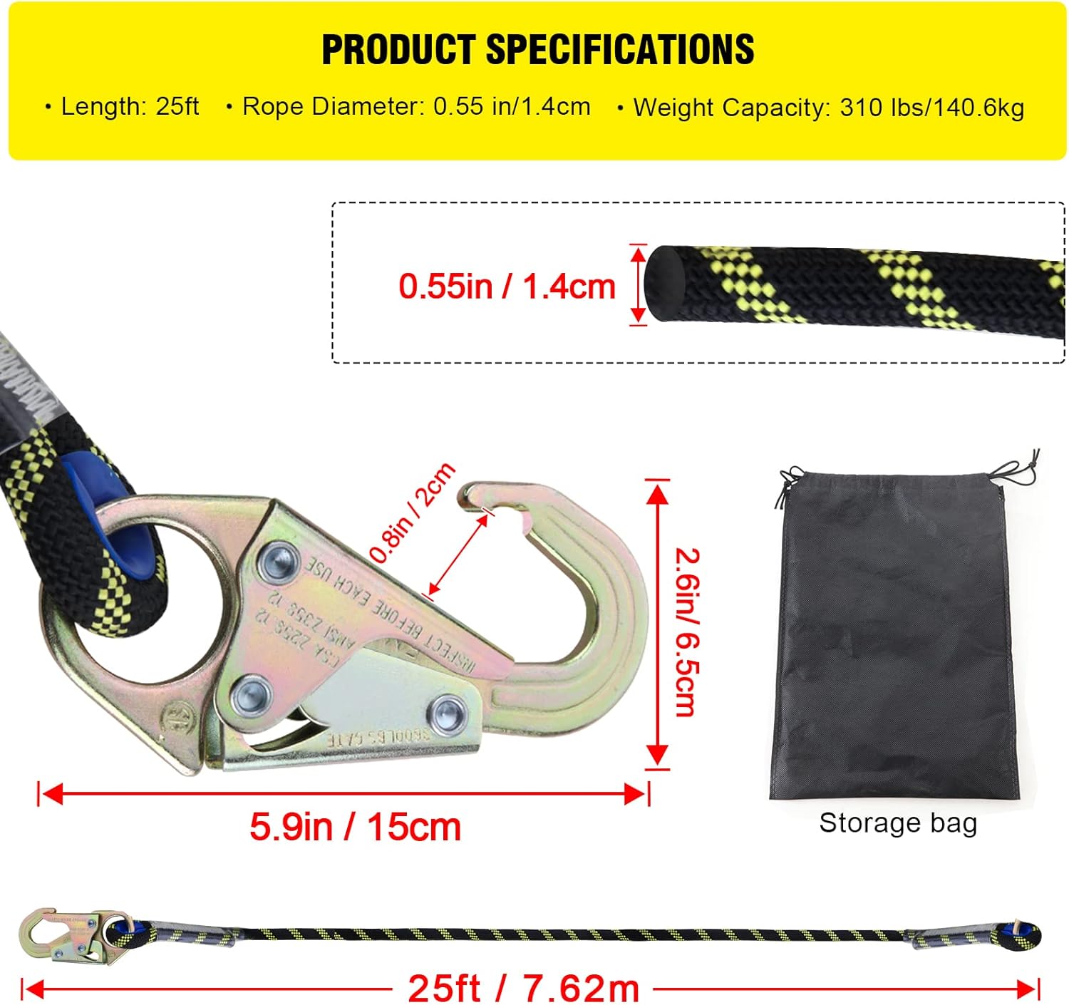 Rope Assembly 25 ft with Rope Grab Snap Hooks Shock Absorber CE Standard I2508
