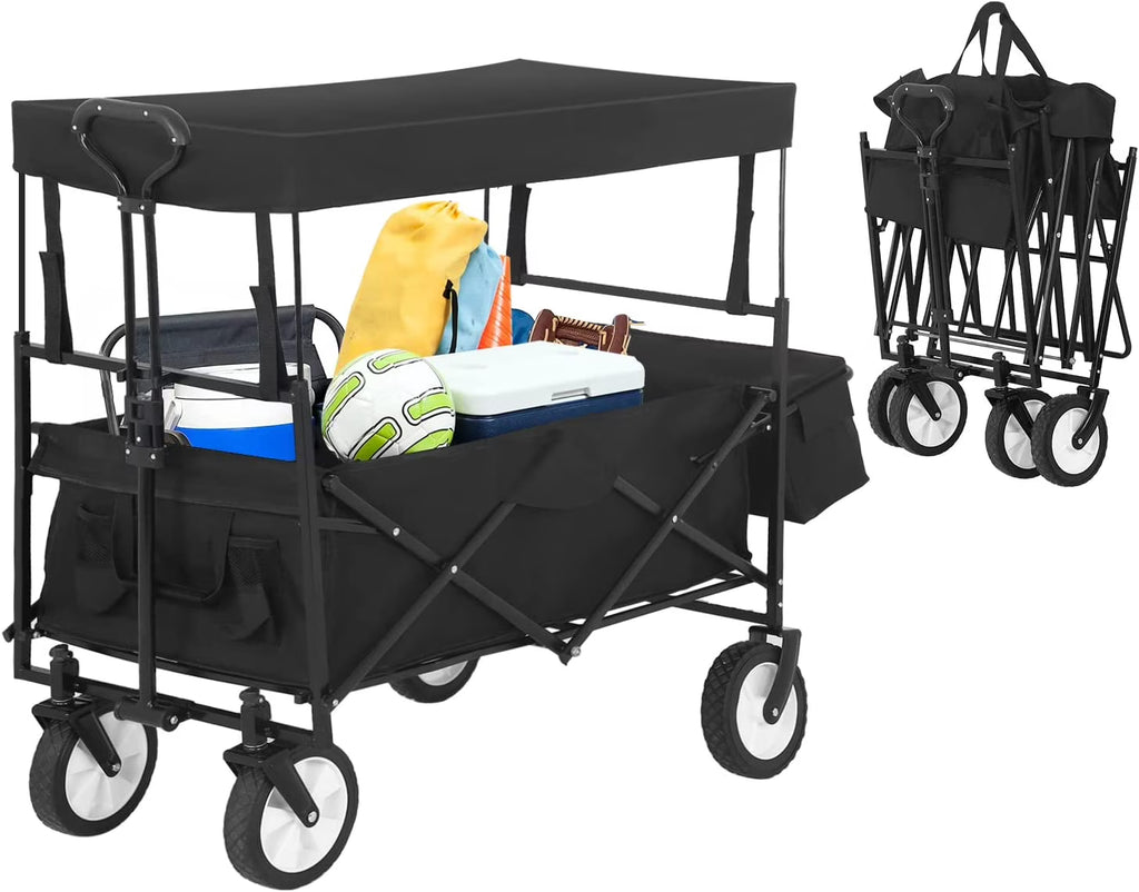 Black Folding Wagon Cart with Removable Canopy X577365