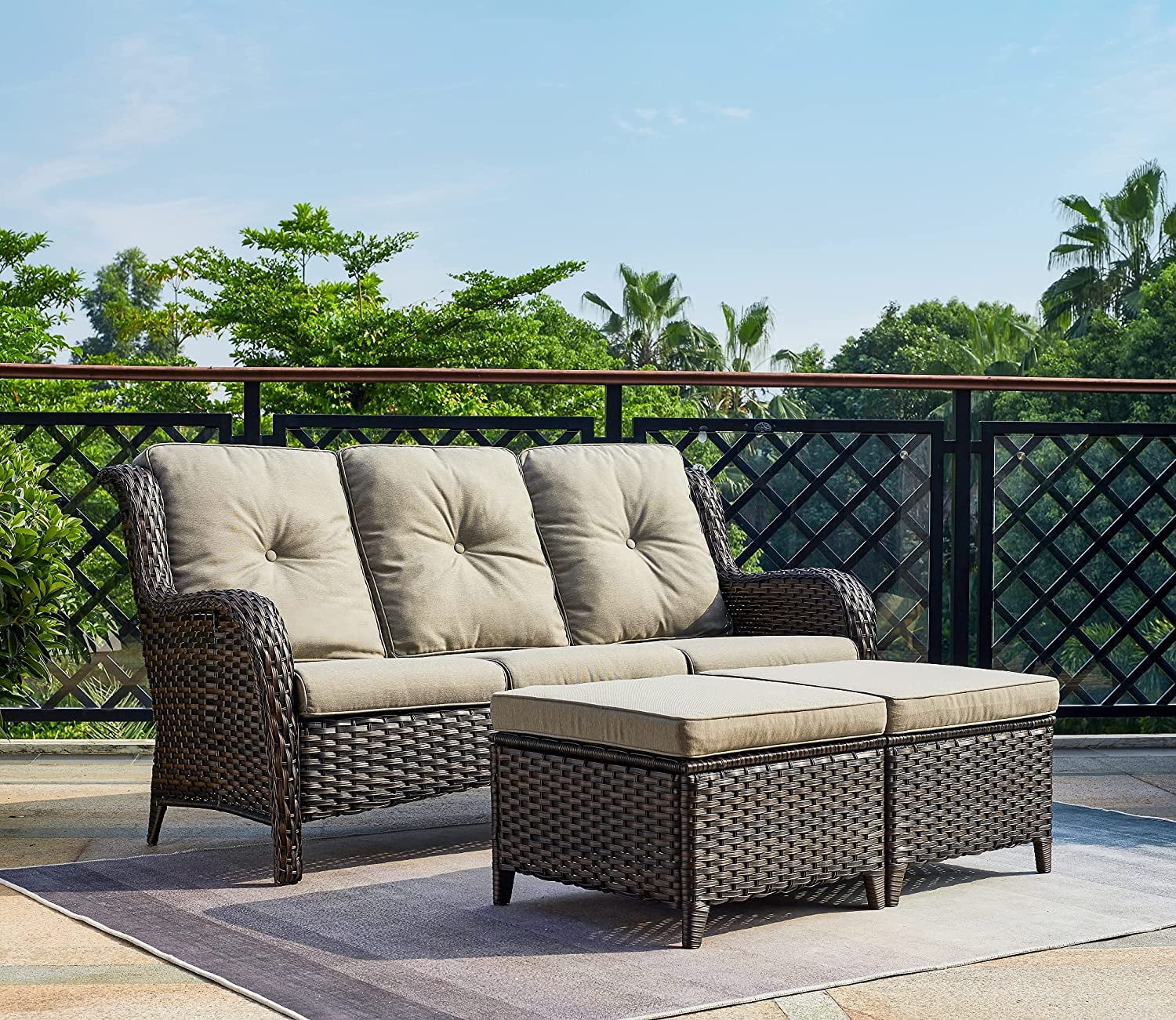 5 PC Brown Rattan Wicker Sectional Sofa Set with Ottoman Footrests K191
