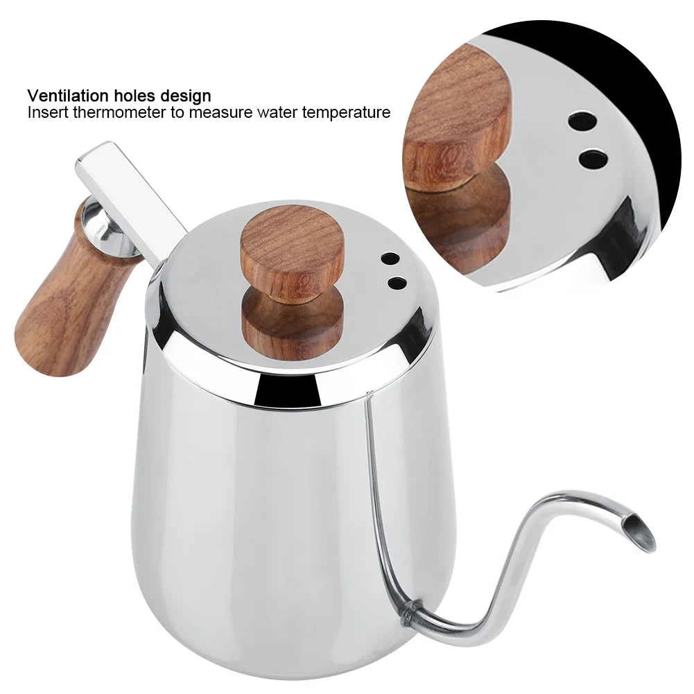 Stainless Steel Wooden Handle Gooseneck Coffee Kettle, 350ml K437454