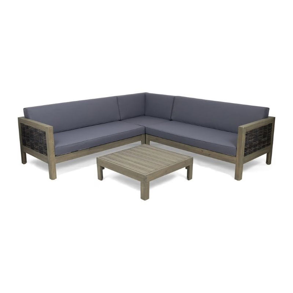 Gray 4 Piece Outdoor Wood and Wicker Sectional Sofa Set S263474