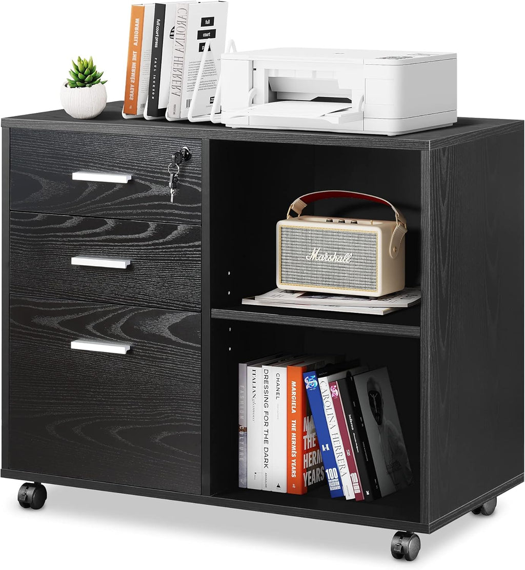 Black 3-Drawer Wood File Cabinet with Lock I3937