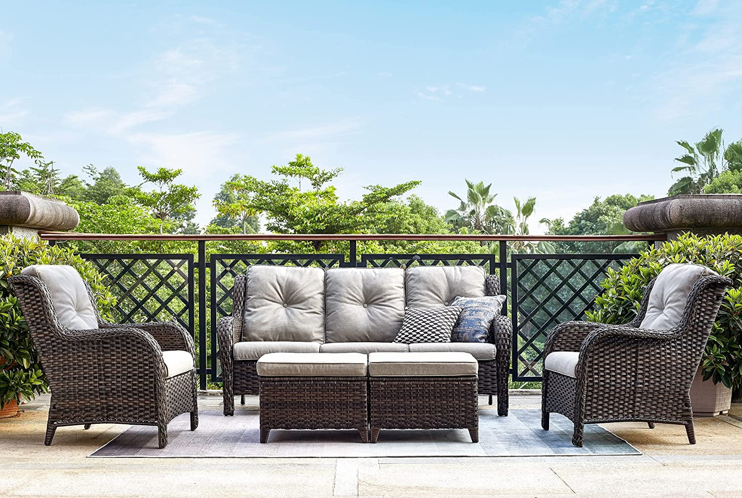 5 PC Brown Rattan Wicker Sectional Sofa Set with Ottoman Footrests K191