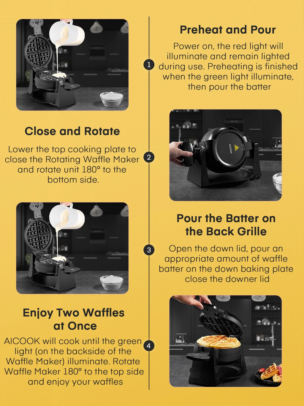 Double Belgian Waffle Maker 180° Flip 1400W Nonstick Black U40123