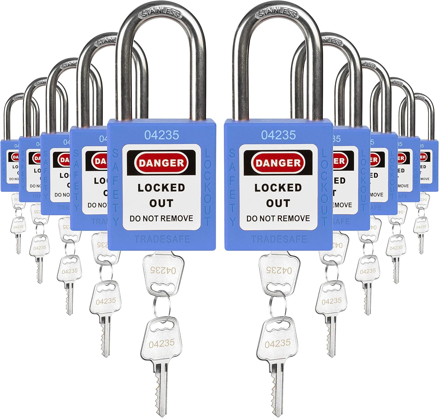 Green Keyed Alike Safety Padlocks, 10 Pack, 2 Keys Per Lock O890