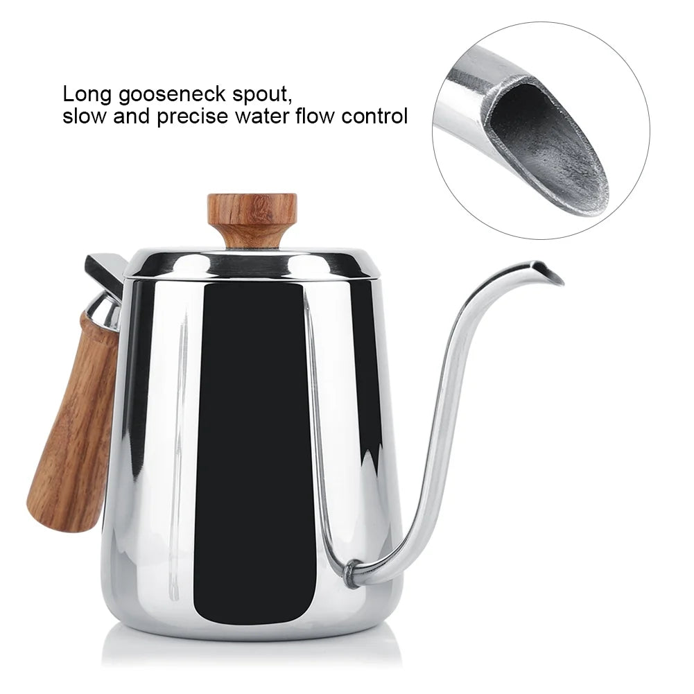Stainless Steel Wooden Handle Gooseneck Coffee Kettle, 350ml K437454