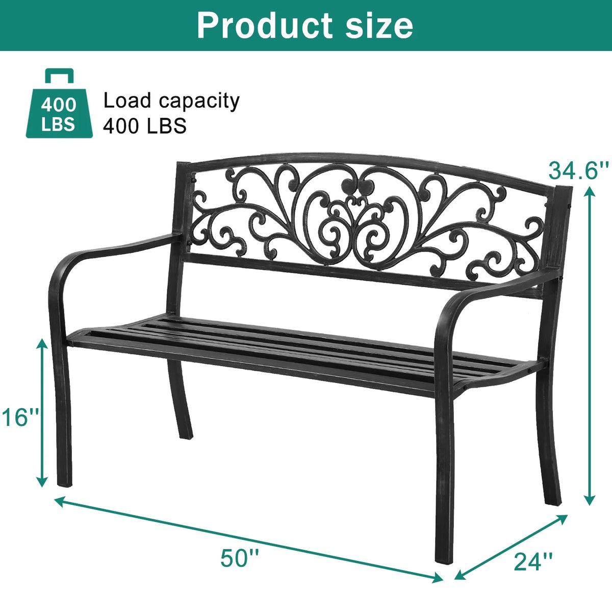 Black Steel Patio Bench with Back and Cast Iron Armrest I119150