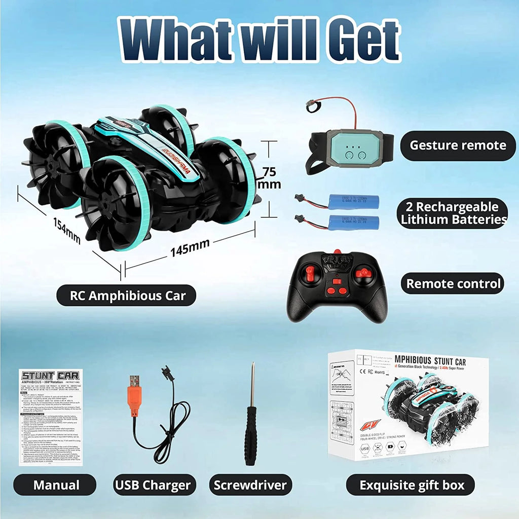 Amphibious Remote Control Car, 2.4GHz Gesture Sensor 4WD Remote Control Boat, 360° Rotating Waterproof RC Stunt Car O570