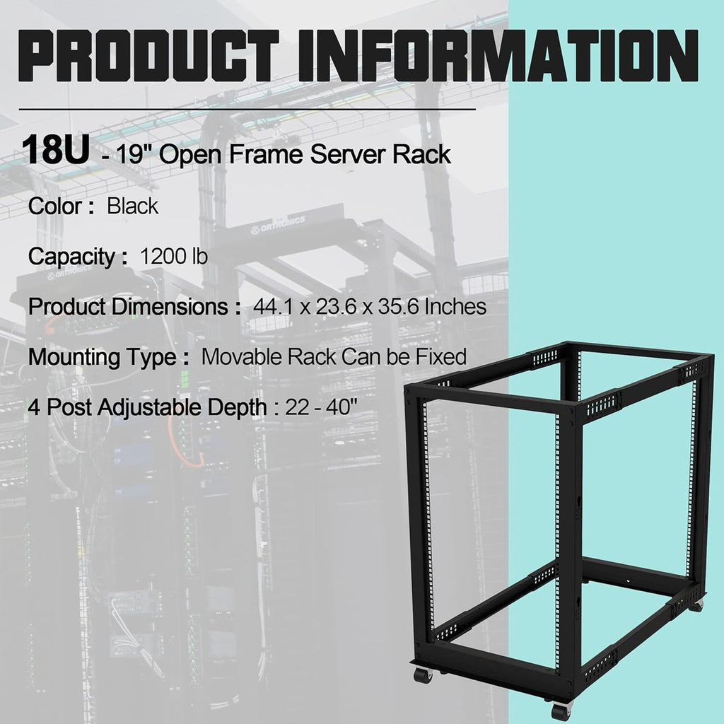 19" Open Frame Server Rack 4 Post Adjustable Depth Mobile Rolling Network Rack J80299