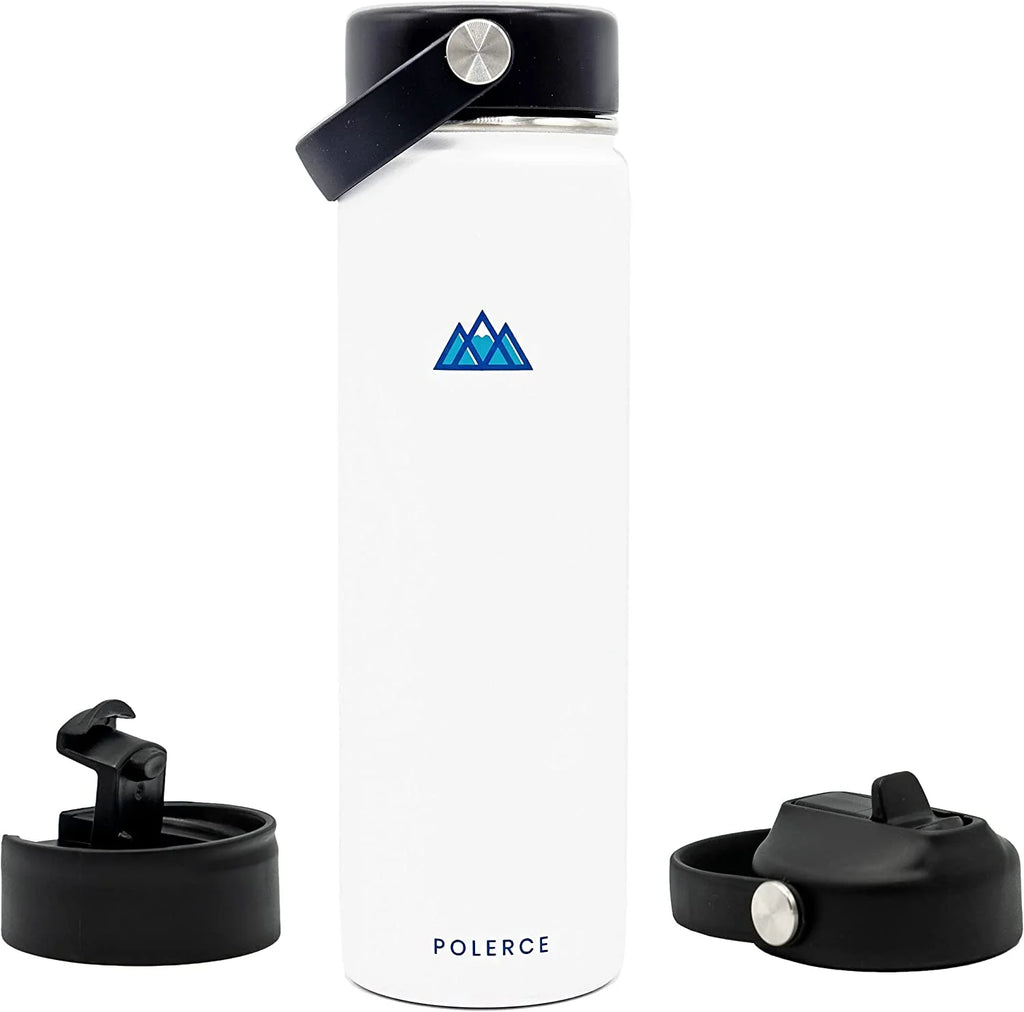 White Stainless Steel Vacuum Insulated Bottle with 3 Lids, 21 Fl Oz Z342