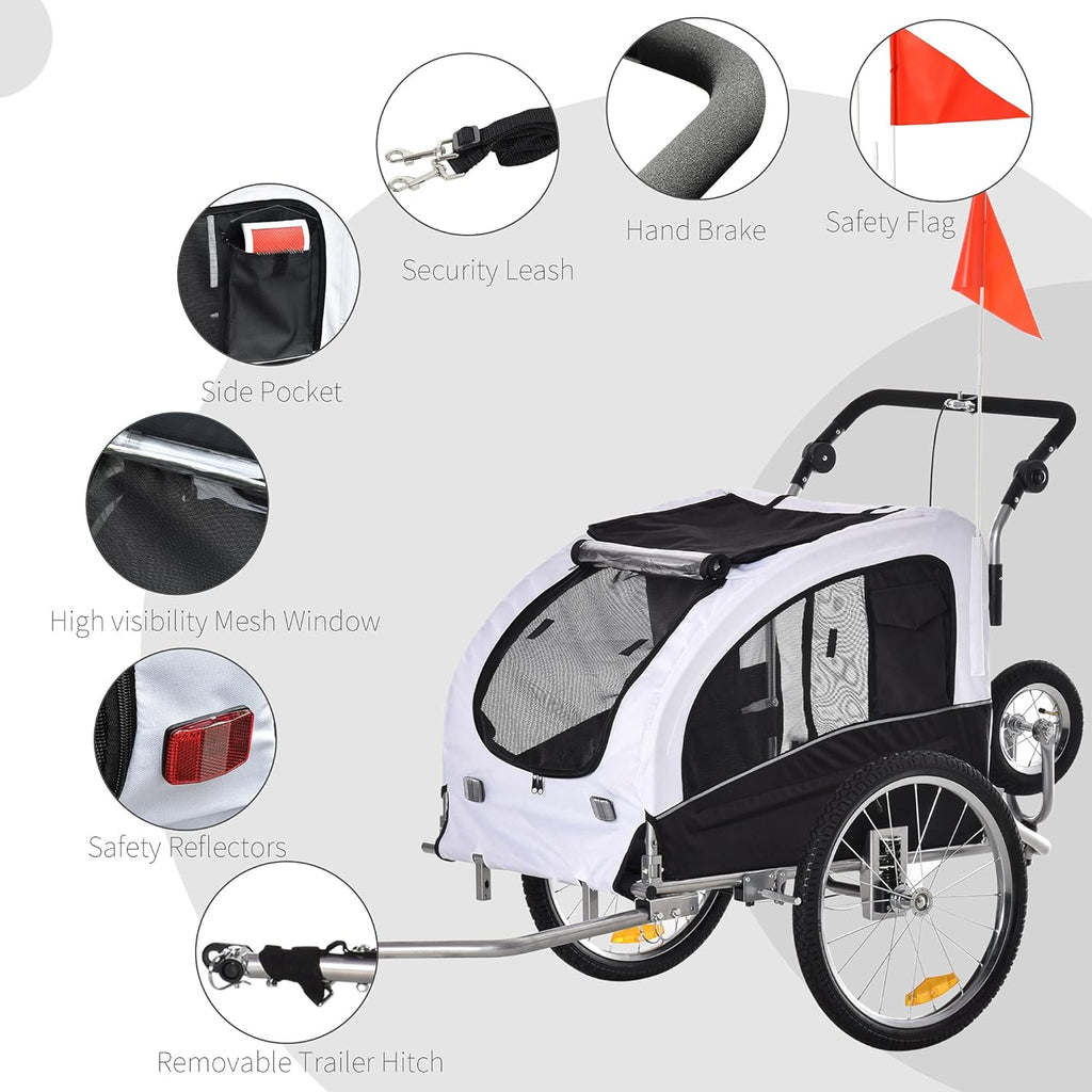 White Dog Bike Trailer Pet Stroller With Canopy And Storage Pockets W2830