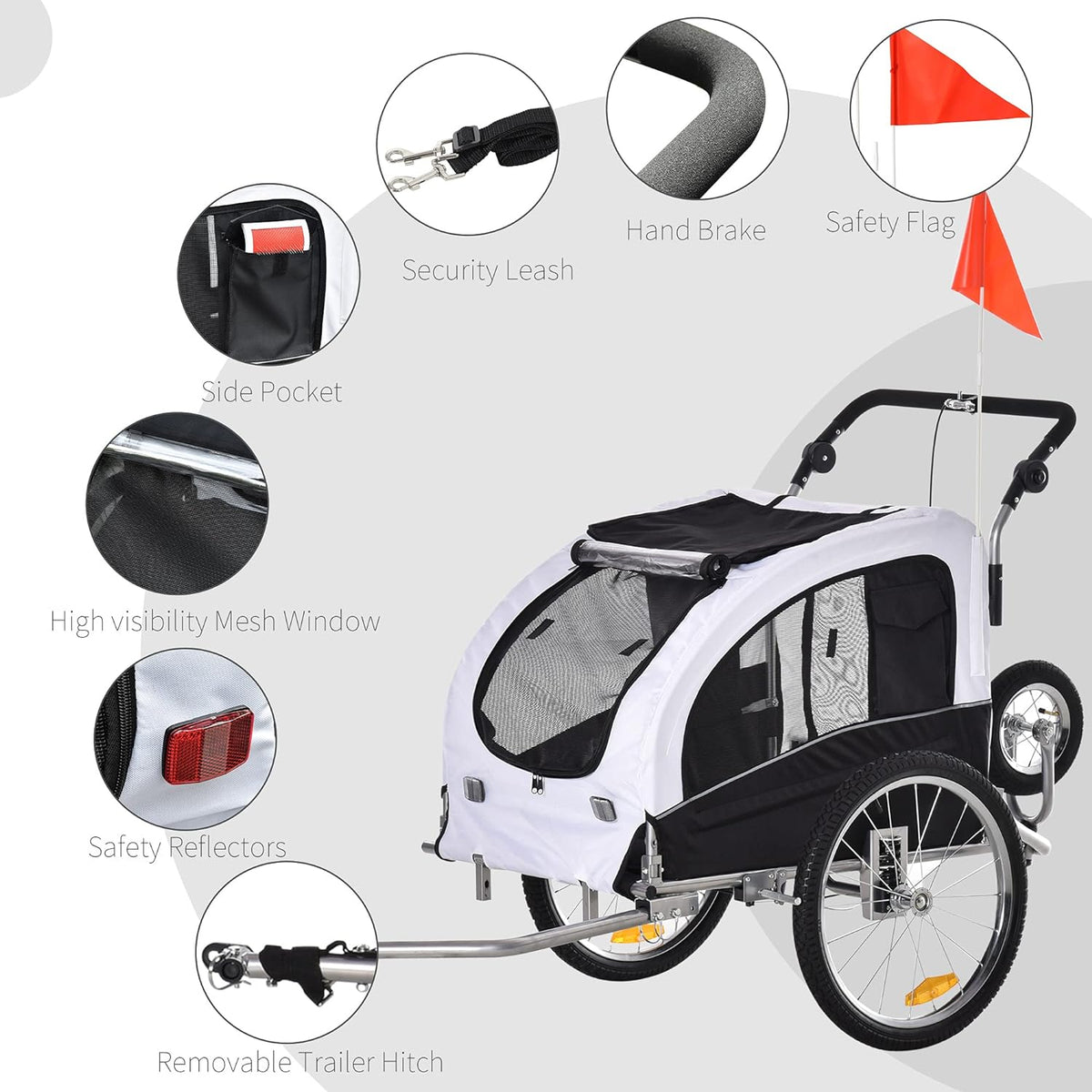 White Dog Bike Trailer Pet Stroller With Canopy And Storage Pockets W2830