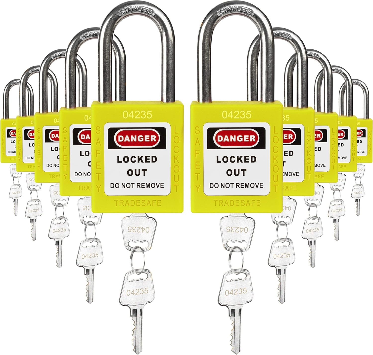 Green Keyed Alike Safety Padlocks, 10 Pack, 2 Keys Per Lock O890
