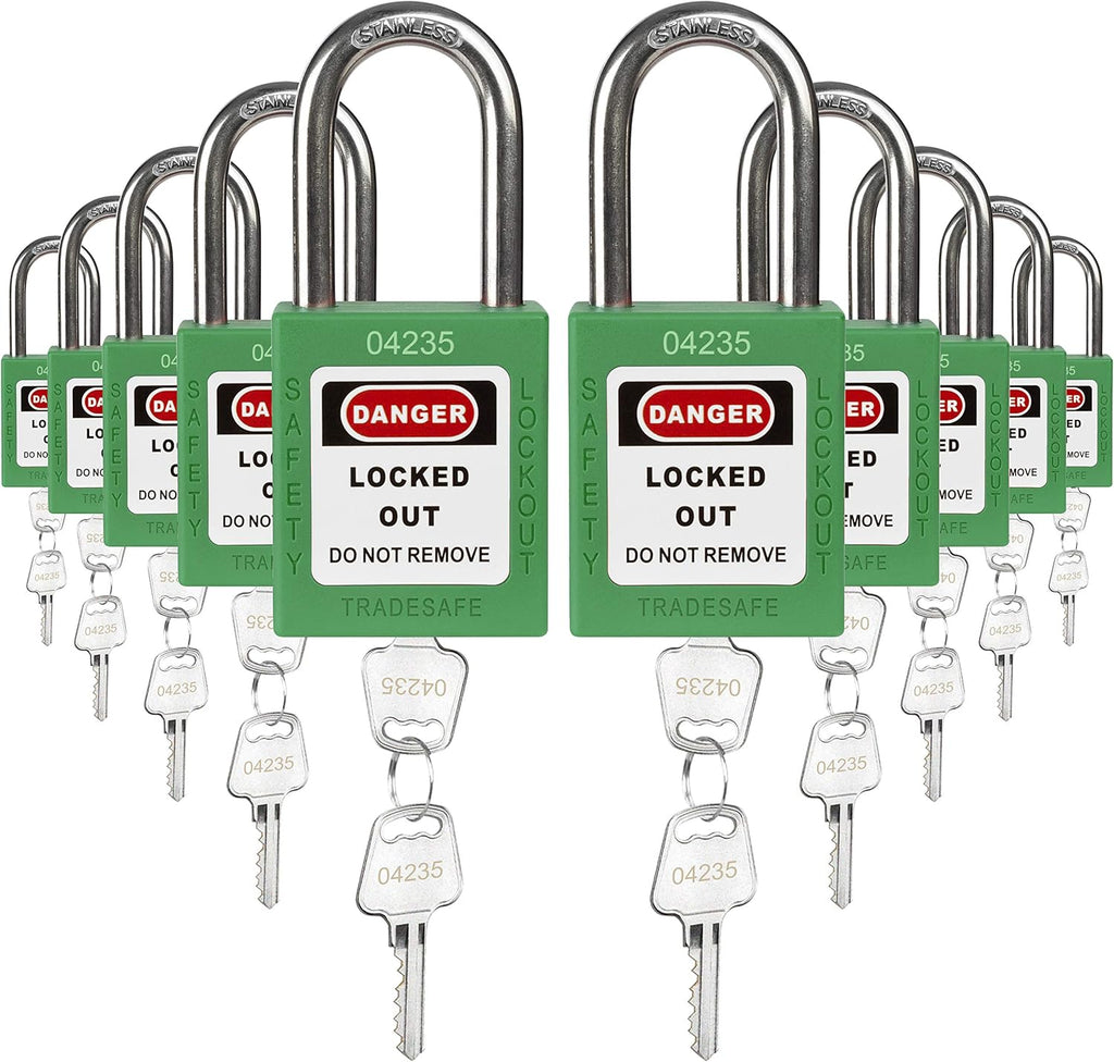 Green Keyed Alike Safety Padlocks, 10 Pack, 2 Keys Per Lock O890