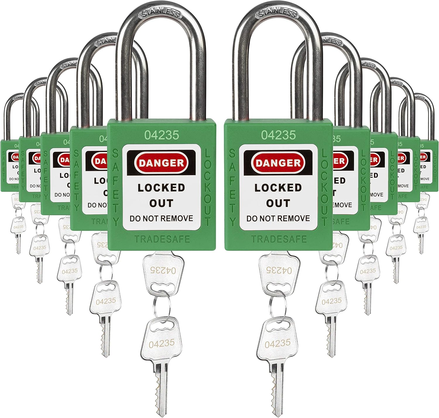 Green Keyed Alike Safety Padlocks, 10 Pack, 2 Keys Per Lock O890