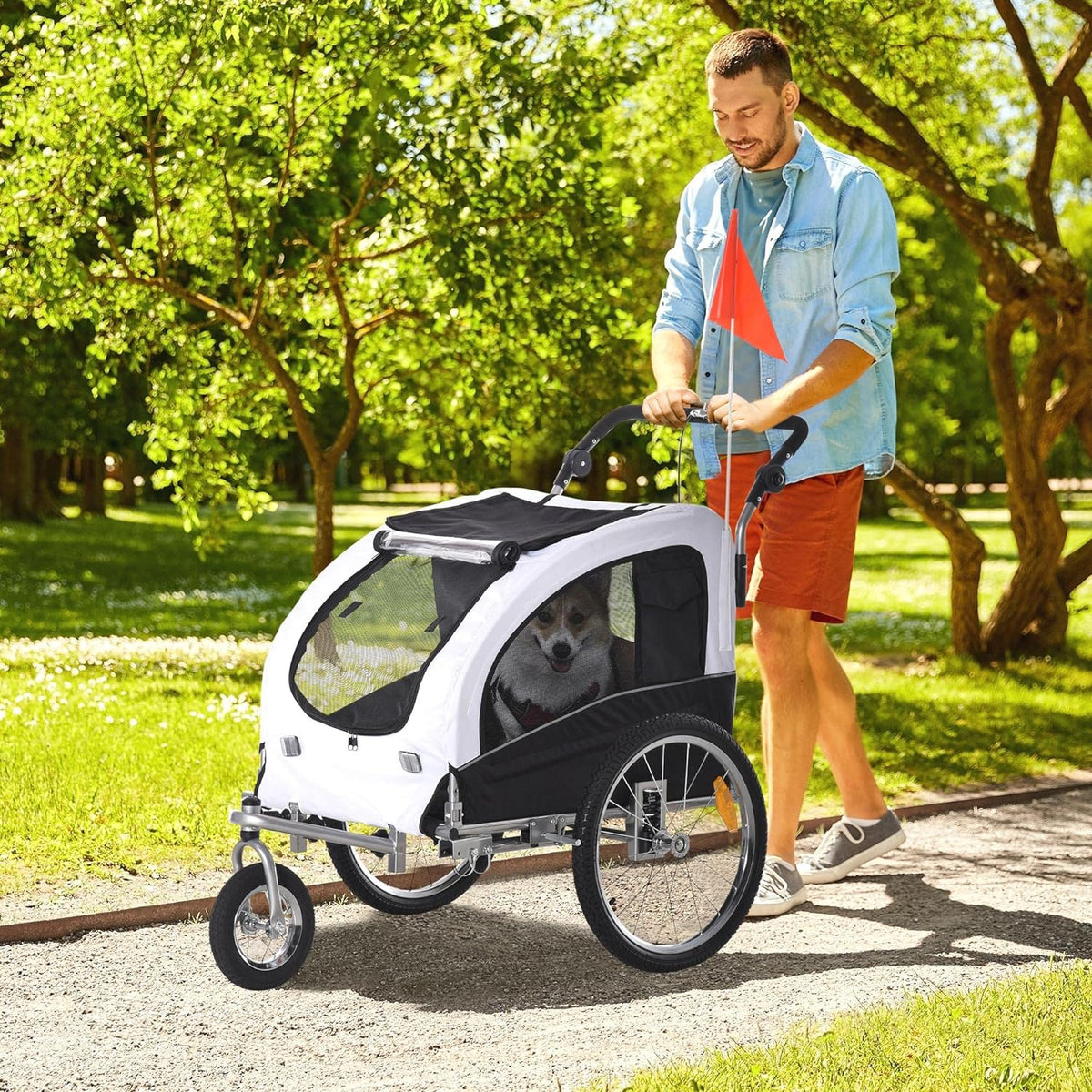 White Dog Bike Trailer Pet Stroller With Canopy And Storage Pockets W2830