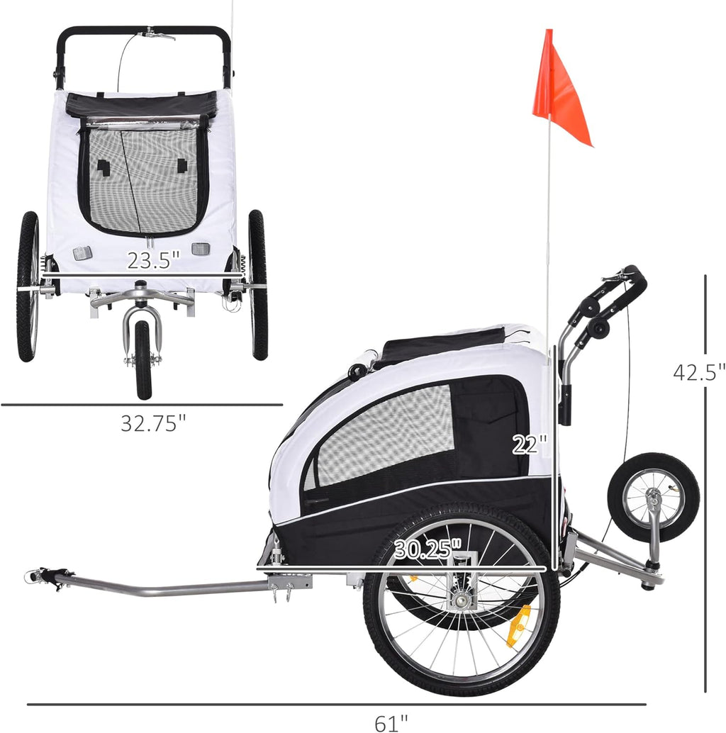 White Dog Bike Trailer Pet Stroller With Canopy And Storage Pockets W2830