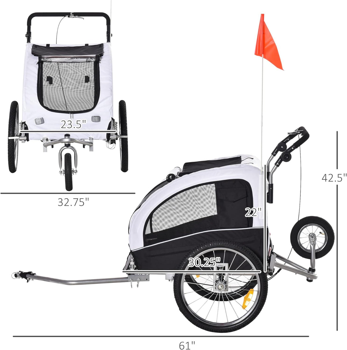 White Dog Bike Trailer Pet Stroller With Canopy And Storage Pockets W2830