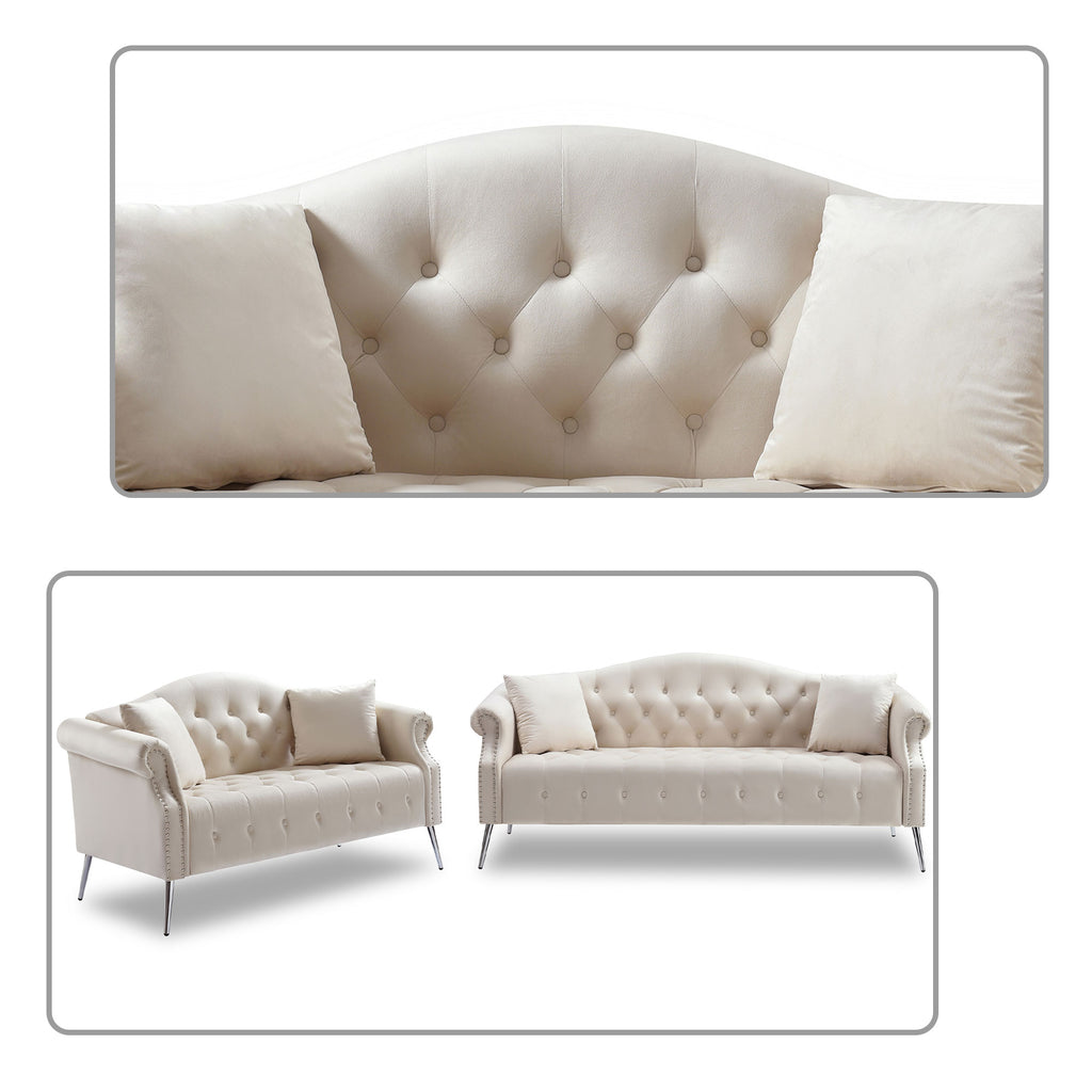Beige Velvet Fabric Button Tufted Sofa with Roll Armrest and Metal Legs W48084