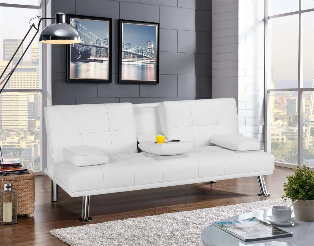 White Faux Leather Futon Set Convertible Sleeper Loveseat Daybed B149642