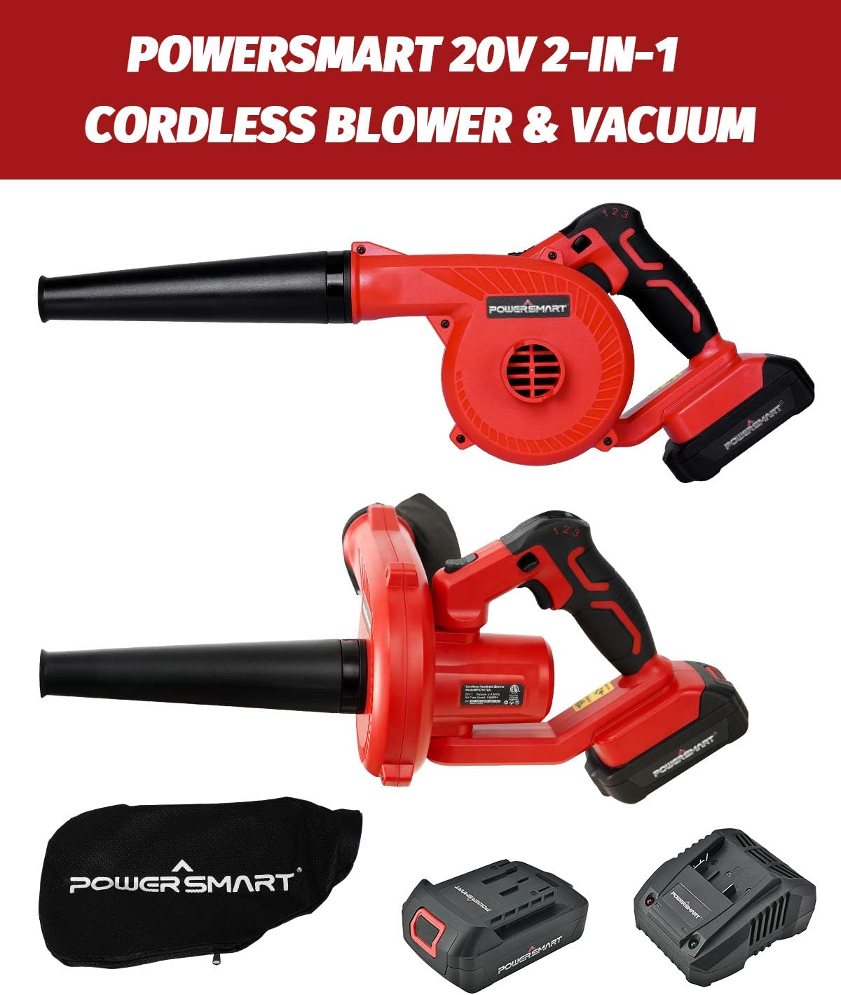 20V Cordless Leaf Blower & Vacuum with 2.0Ah Batteries and Charger O407930
