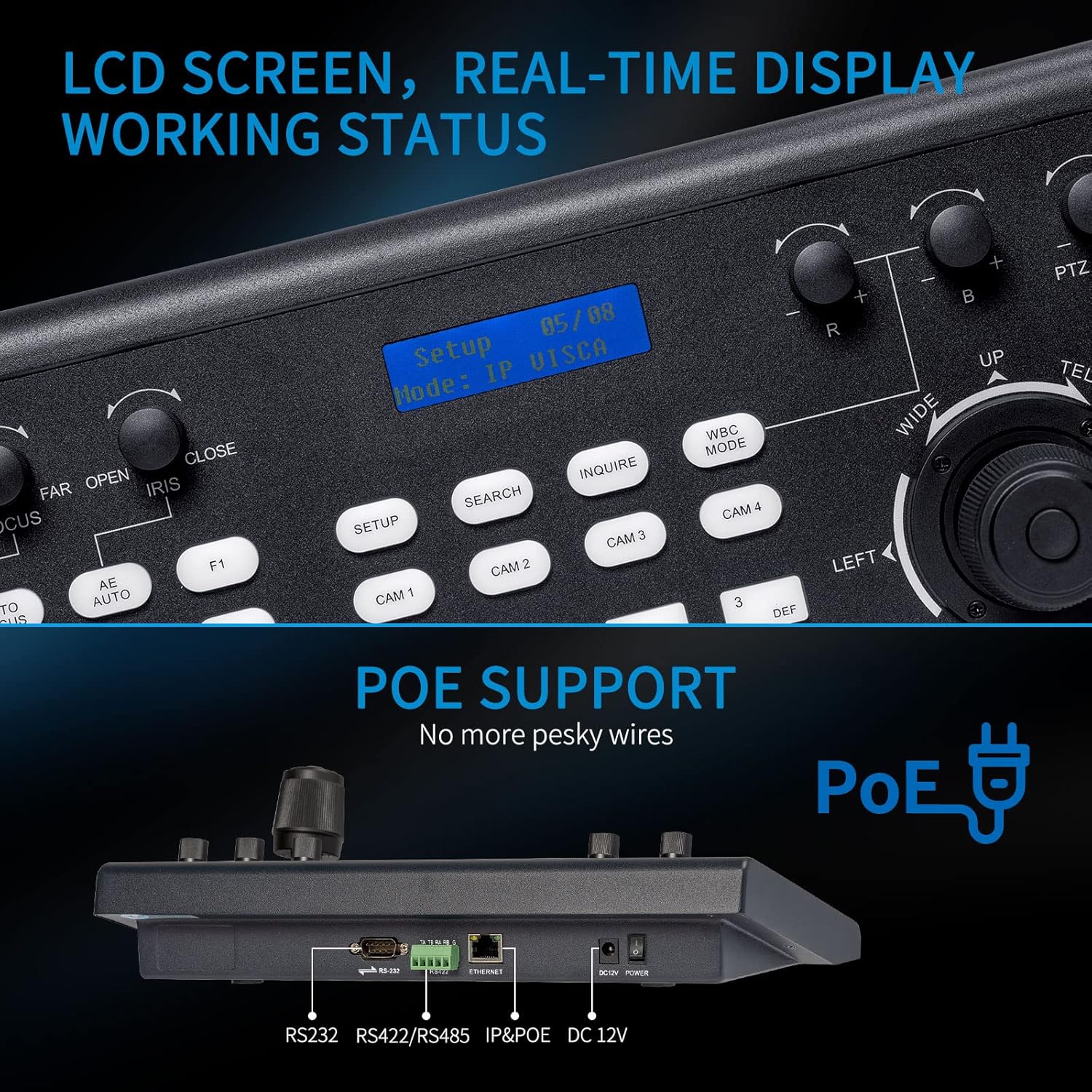 PTZ Camera Controller with Joystick and Keyboard Control LCD Screen PoE Supported P73122