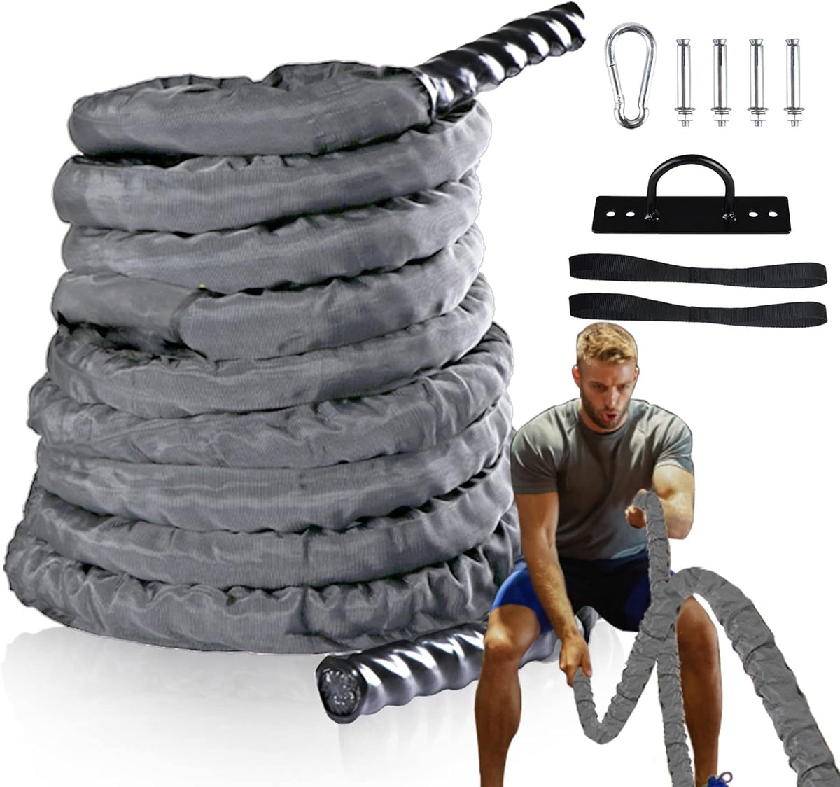 Heavy Battle Rope with Anchor Strap and Wall Mount Bracket Kit C454