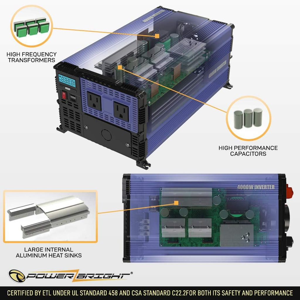 4000 Watts Modified Sine Wave Power Inverter 12V to 110V DC to AC Converter with Dual AC Outlets and 2 USB Ports D2734