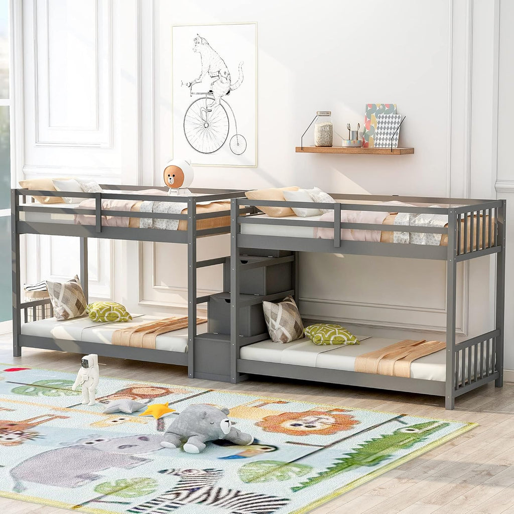 Grey Wood Twin Over Twin Bunk Beds with Storage Staircase and Guardrails C130