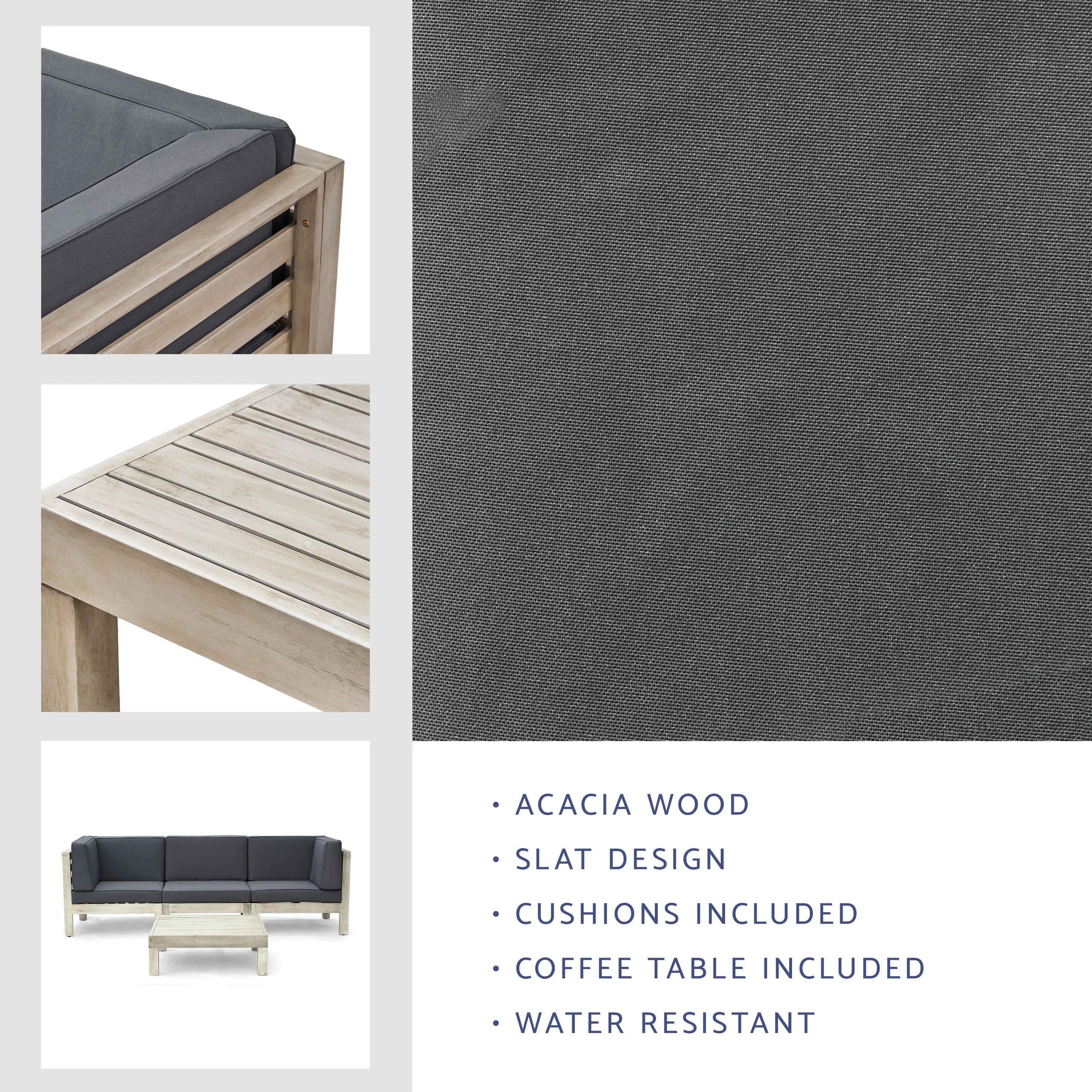 Gray Acacia Wood Sofa and Table Set with Cushions I72046