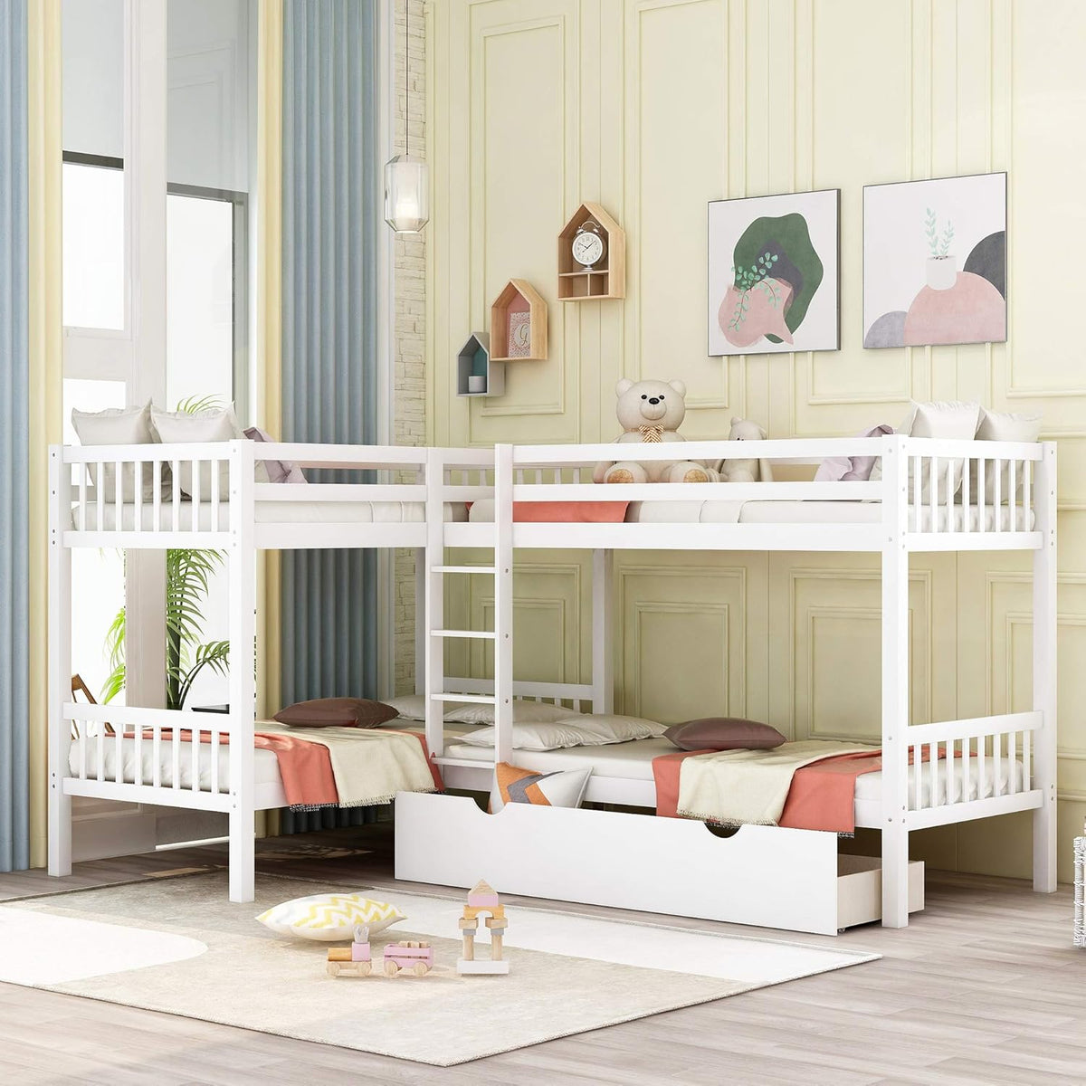 Grey Wood Twin Over Twin Bunk Beds with Storage Staircase and Guardrails C130