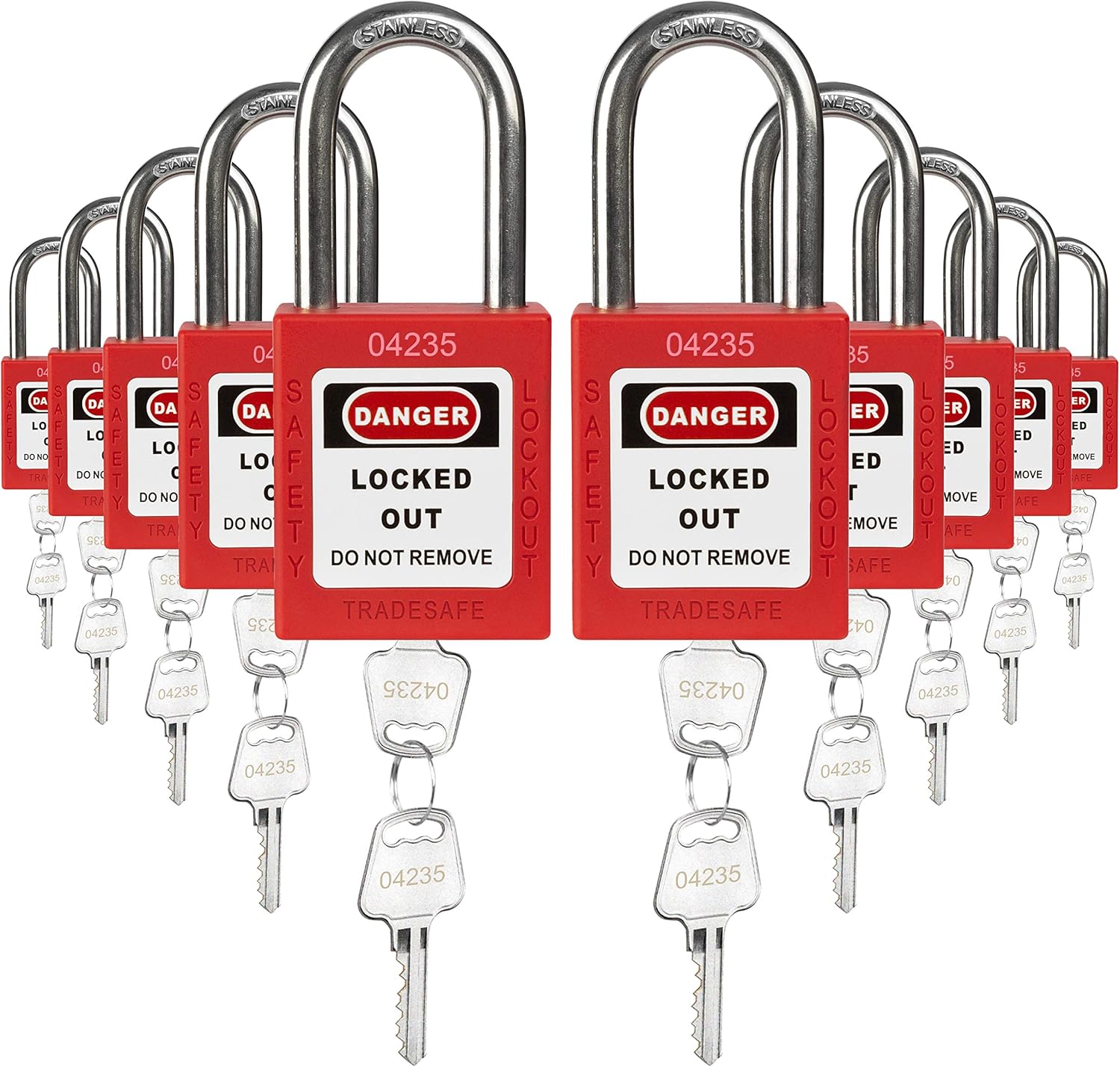 Green Keyed Alike Safety Padlocks, 10 Pack, 2 Keys Per Lock O890