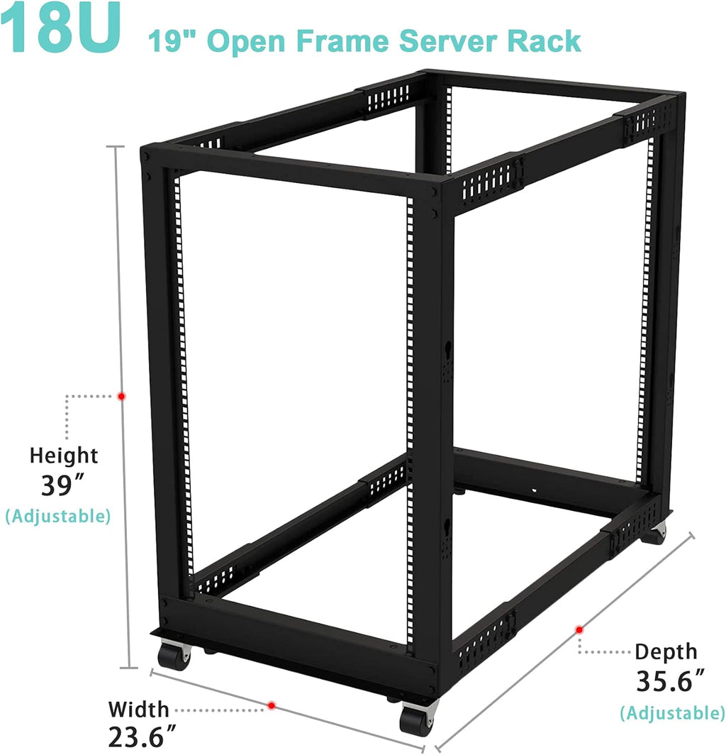 19" Open Frame Server Rack 4 Post Adjustable Depth Mobile Rolling Network Rack J80299