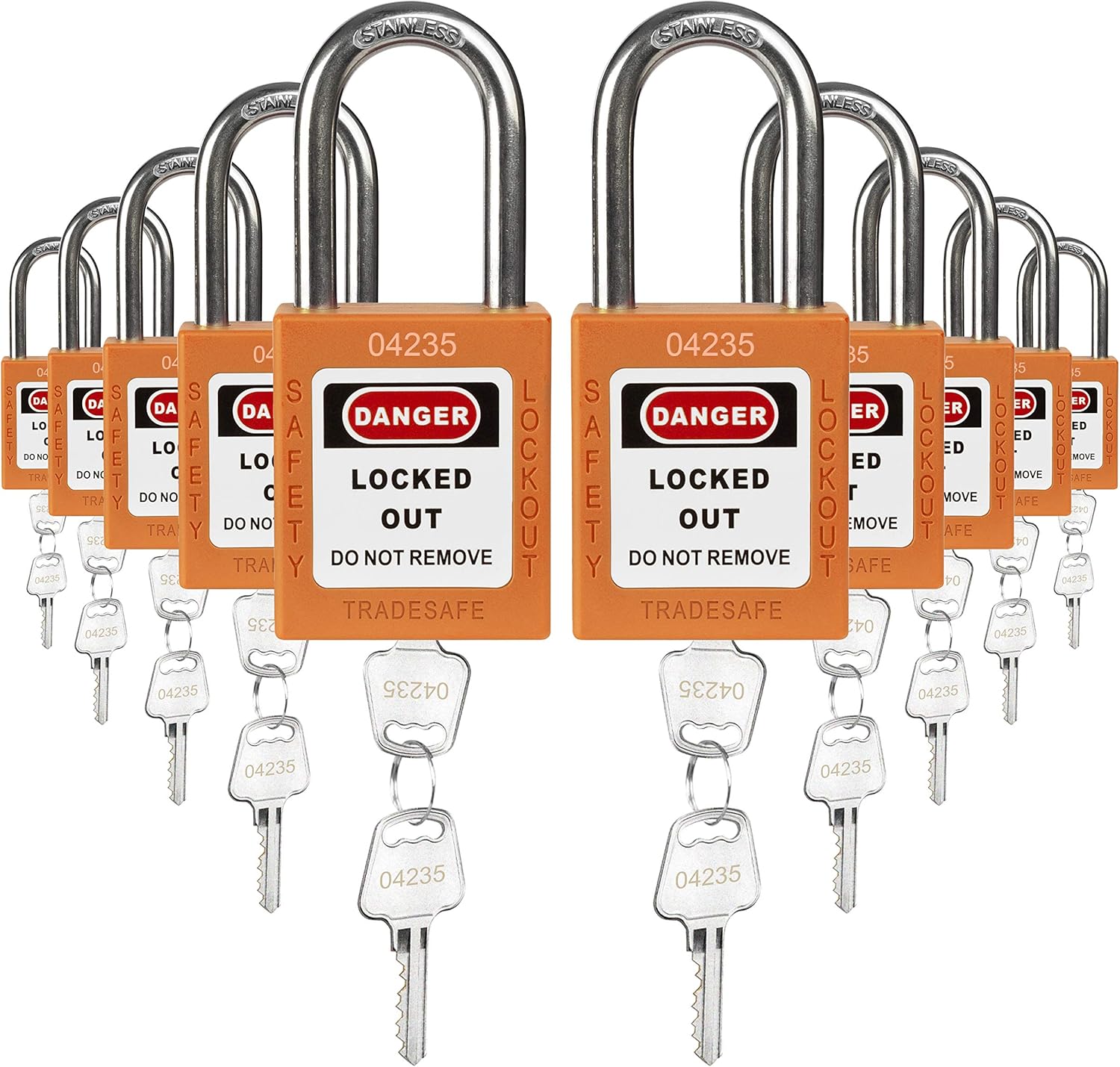 Green Keyed Alike Safety Padlocks, 10 Pack, 2 Keys Per Lock O890