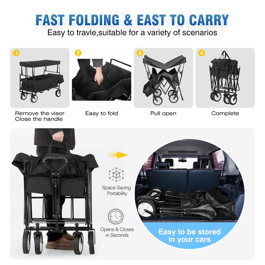 Black Folding Wagon Cart with Removable Canopy X577365