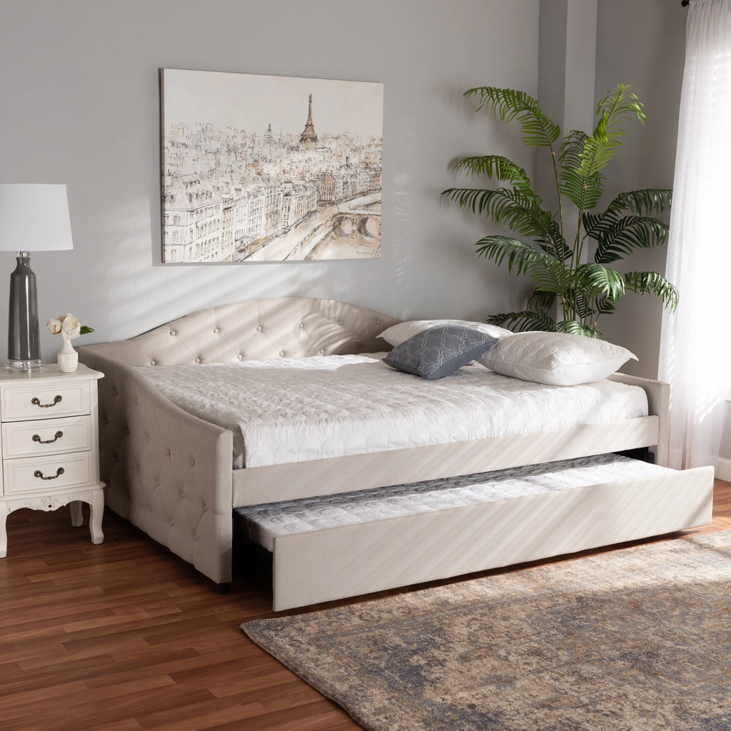 Beige/Black Upholstered Daybed with Trundle F964829