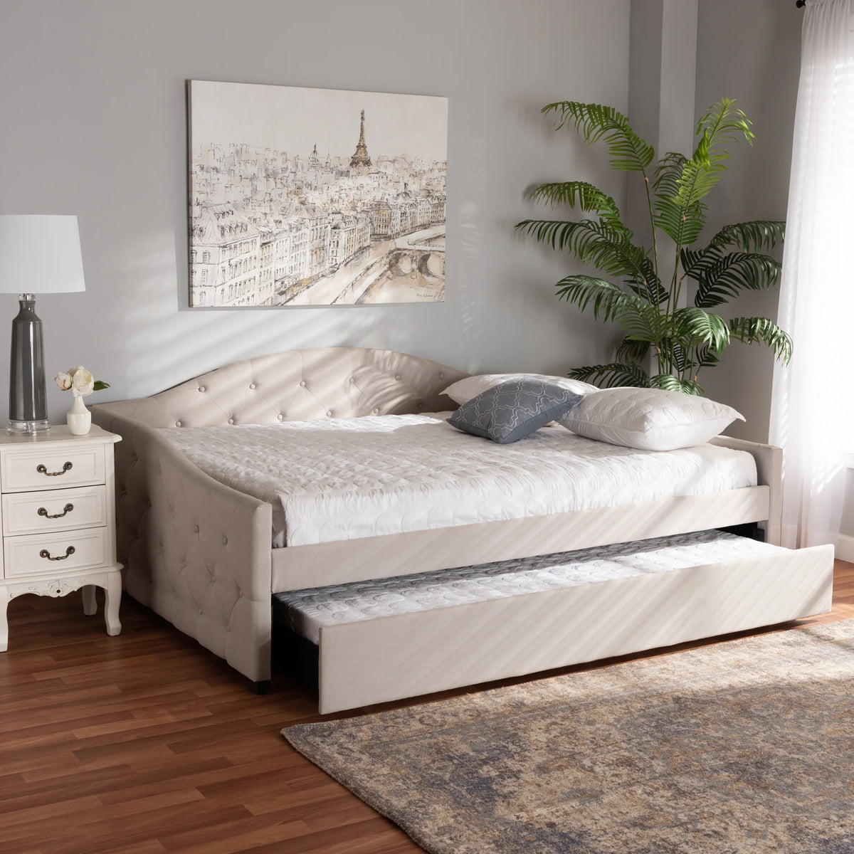 Beige/Black Upholstered Daybed with Trundle F964829