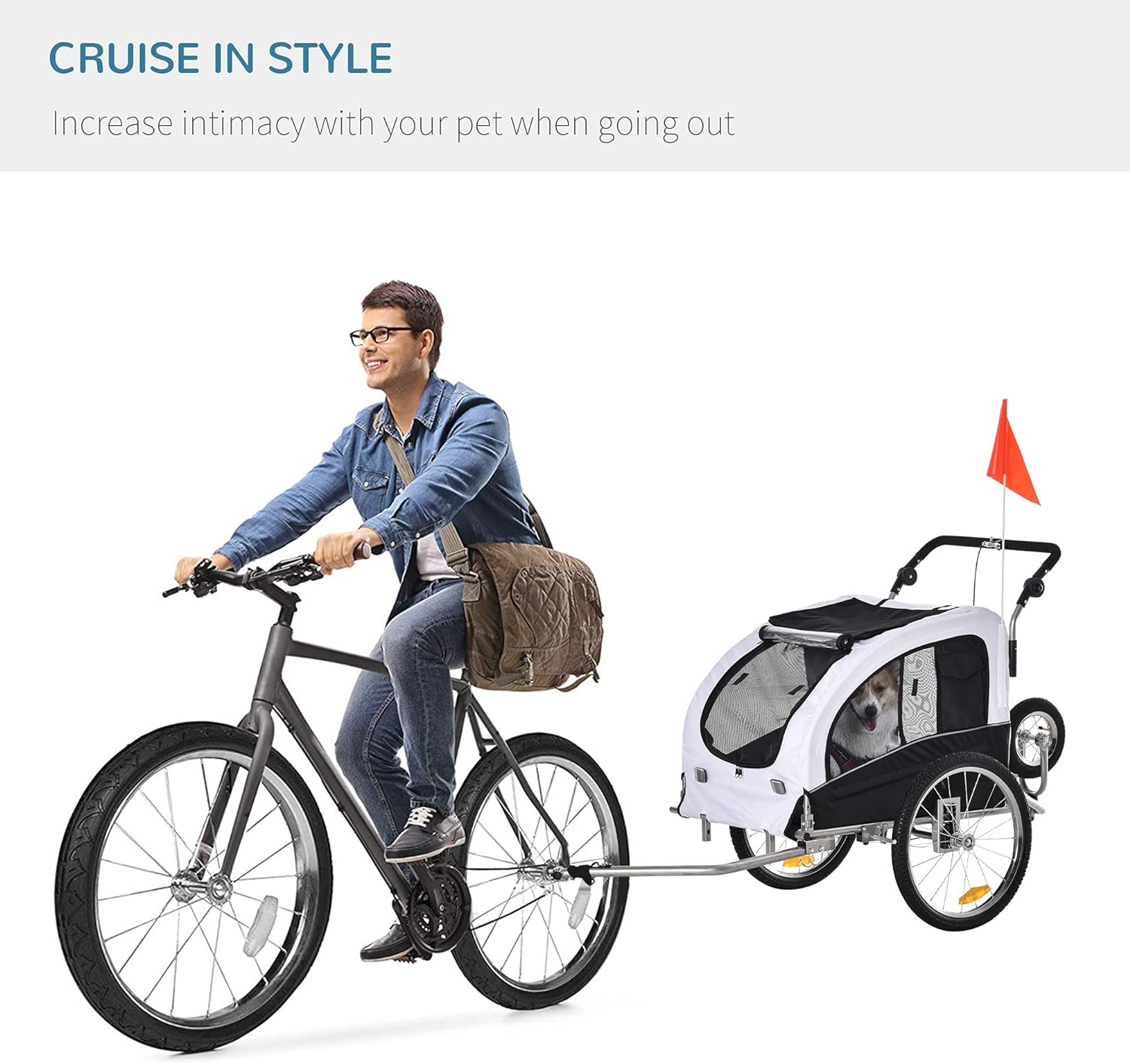 White Dog Bike Trailer Pet Stroller With Canopy And Storage Pockets W2830