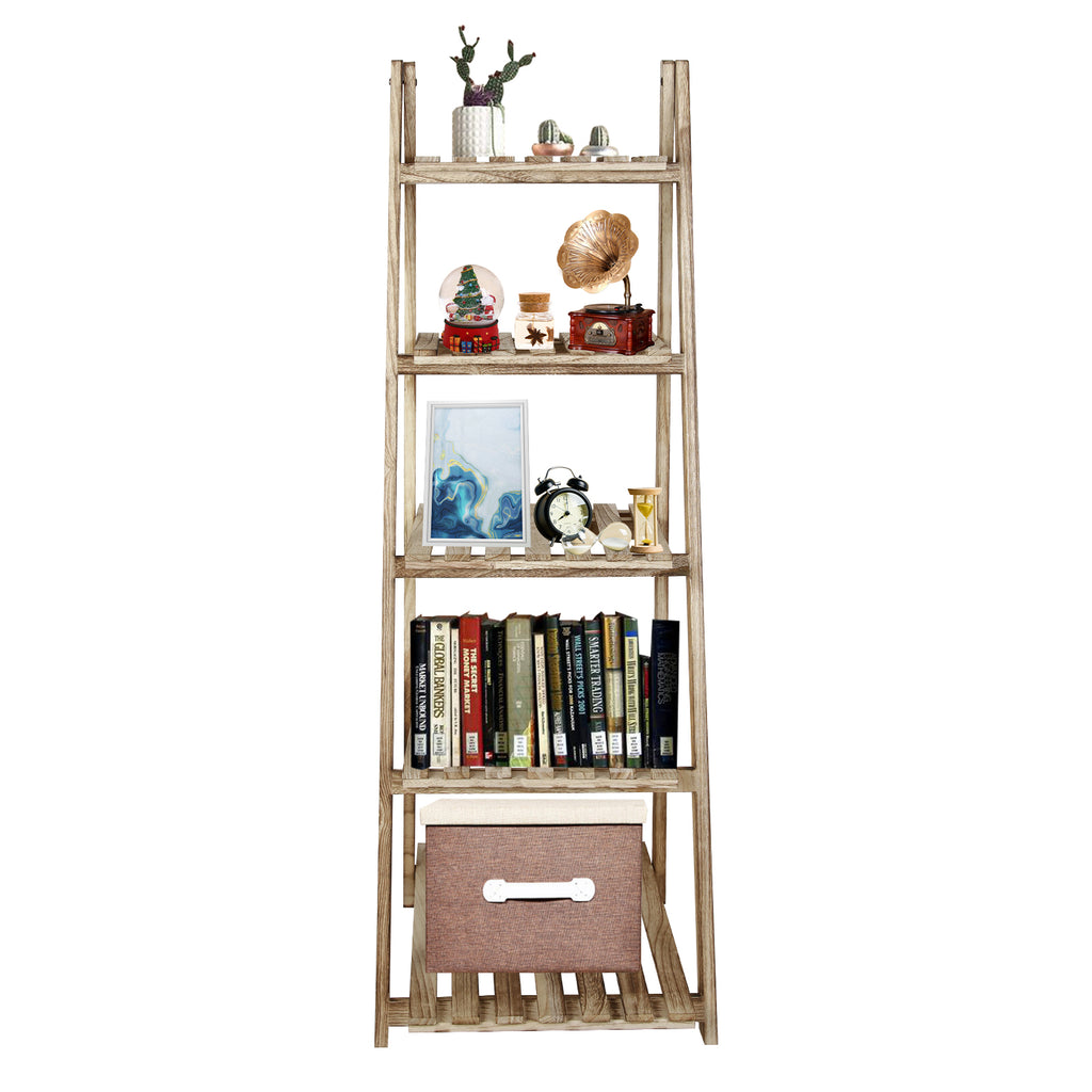 5-Tier Ladder Shelf Bookcase Storage Display Shelf Natural H148